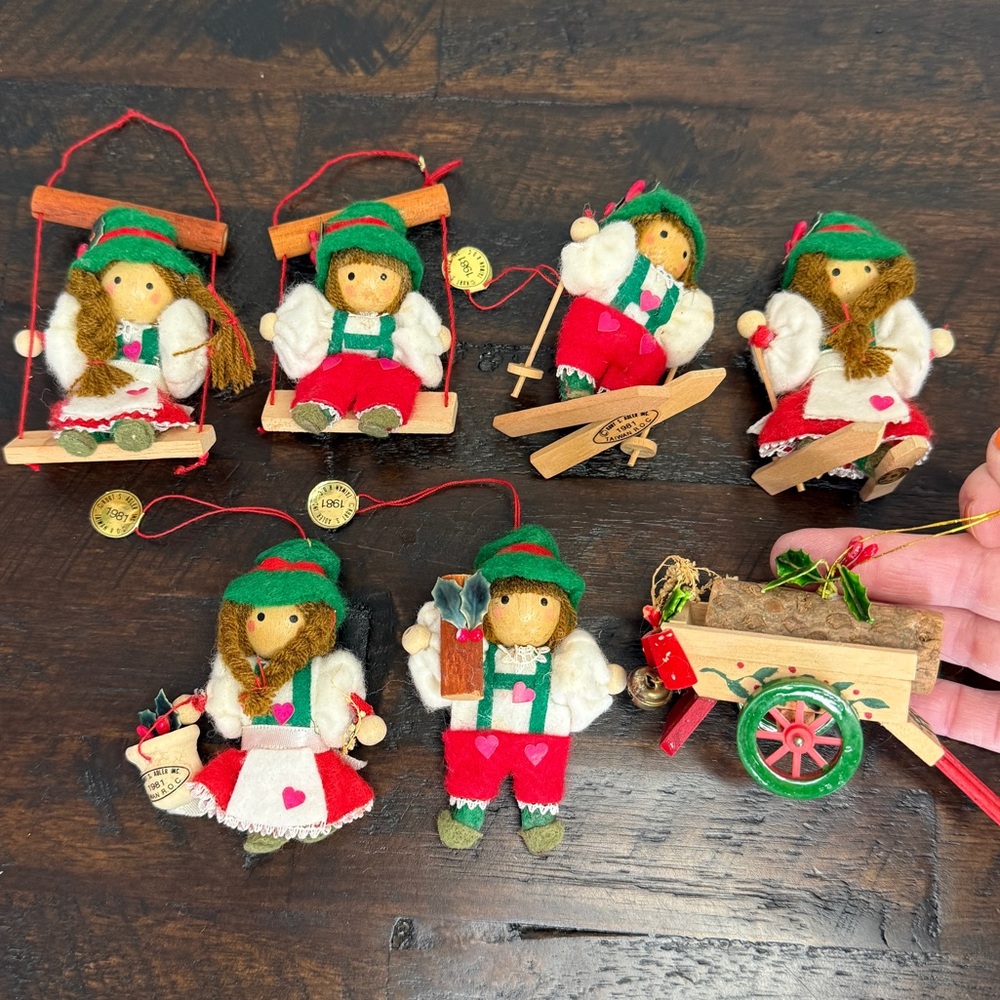 Vintage Kurt Adler Swiss Children Ornament Set of 7 Wooden 1981, Wagon 1979
